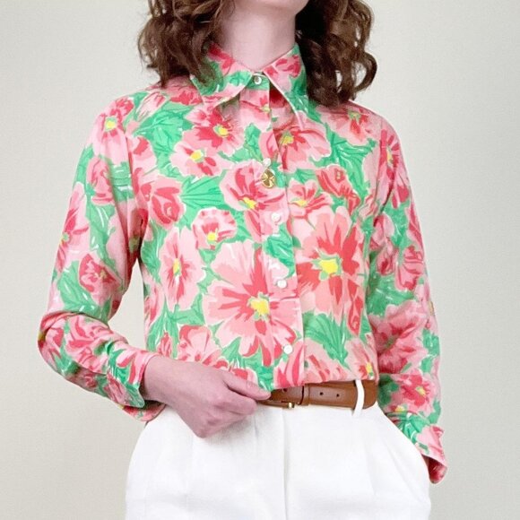 Stunning Vintage Floral Print Blouse Button Up Shirt Garden Girl Preppy Feminine - Picture 9 of 10